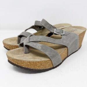 Bio-Gold Gray Leather Cork Wedge Sandals Size 9 Comfort Strap Slip On Boho